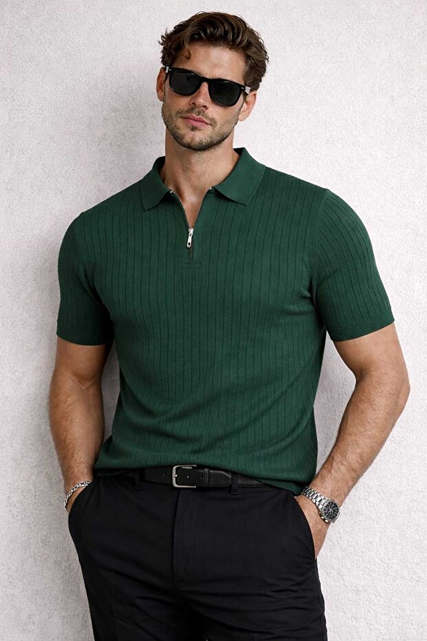 Men's Slim Fit Zippered Polo Collar Knitwear