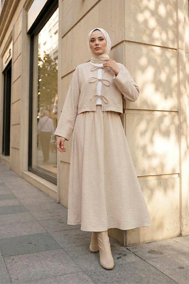 Linen Lace-Up Skirt Blouse Top and Bottom Set - Beige