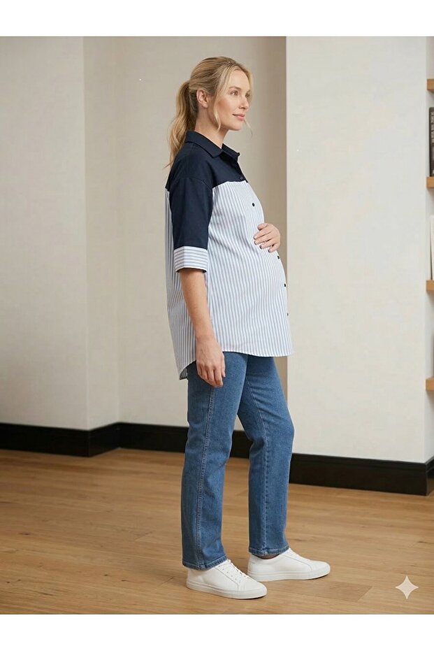 ÇİZGİLİ- ÖRME KAPİŞONLU HAMİLE -OWERSİZE- BLUZ - 4