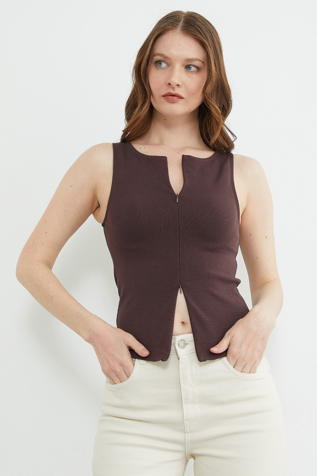 Basic Çift Fermuarlı Bluz - 2