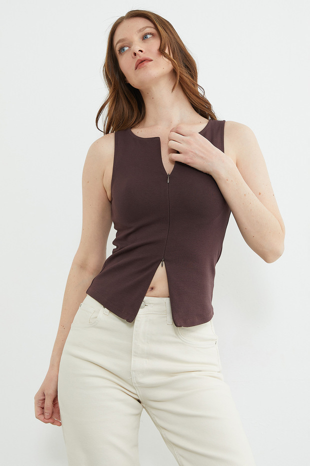 Basic Çift Fermuarlı Bluz - 4