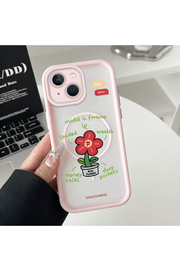 iPhone 15 Compatible Transparent Magsafe Wireless Corner Silicone Phone Case with Flower Pattern