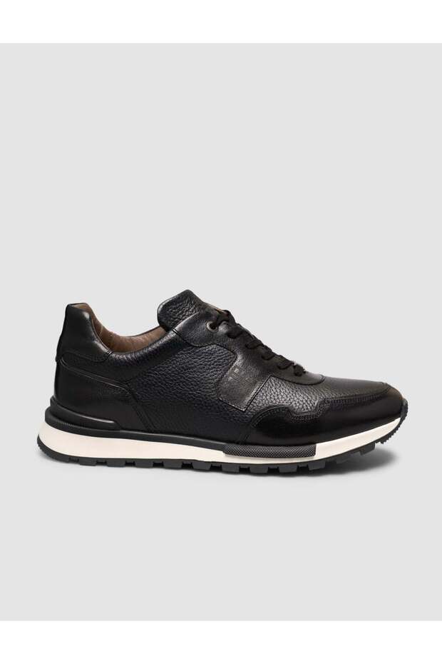 100% Genuine Leather Textured Black Lace-Up Men's Sports Shoes