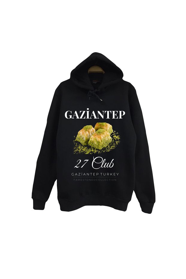 Gaziantep - 27 - Baklava - Antep Fıstığı Printed Unisex 100% Cotton Black Hooded Sweatshirt