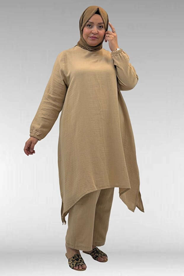 67044 Plus Size Asymmetrical Cut Pants Muslin Set - Beige