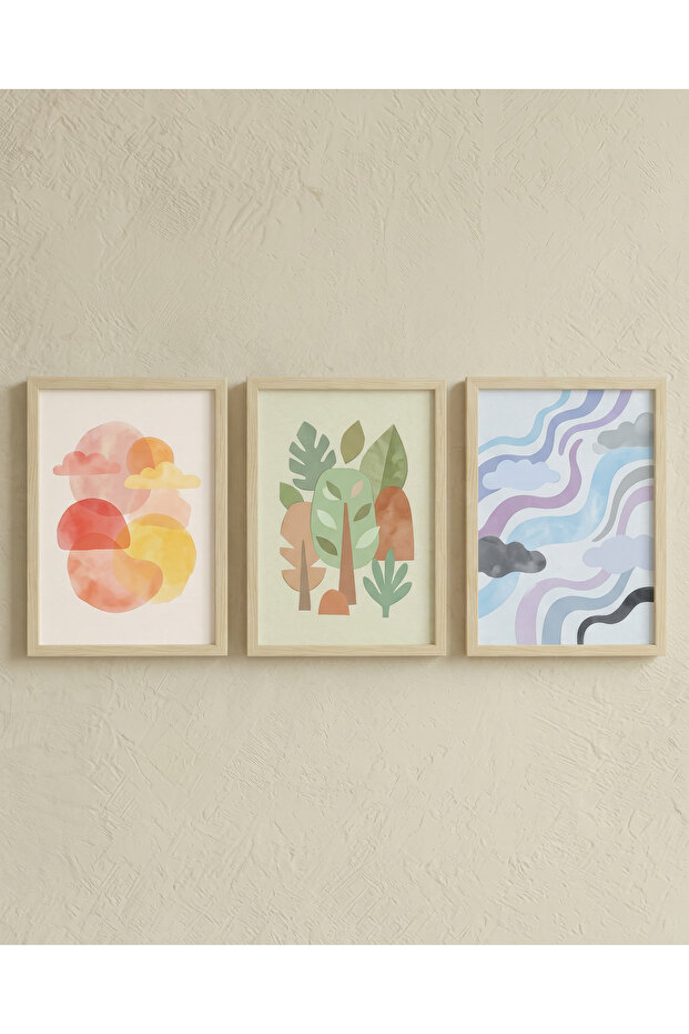 Montessori Educational Chart Wooden Framed Chart Baby Kids Room Wall Decoration Uv Printing - Triple Chart Set Natural Wood Frame