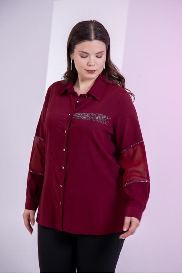 Plus Size Women's Stone Detailed Shirt Burgundy