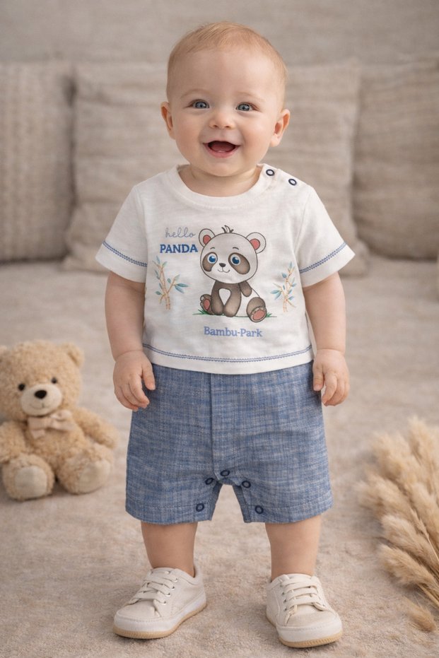 Bebessi̇ Baby Boy Panda B Printed Chambre Summer Jumpsuit 100% P Cotton Baby Jumpsuit with Shorts