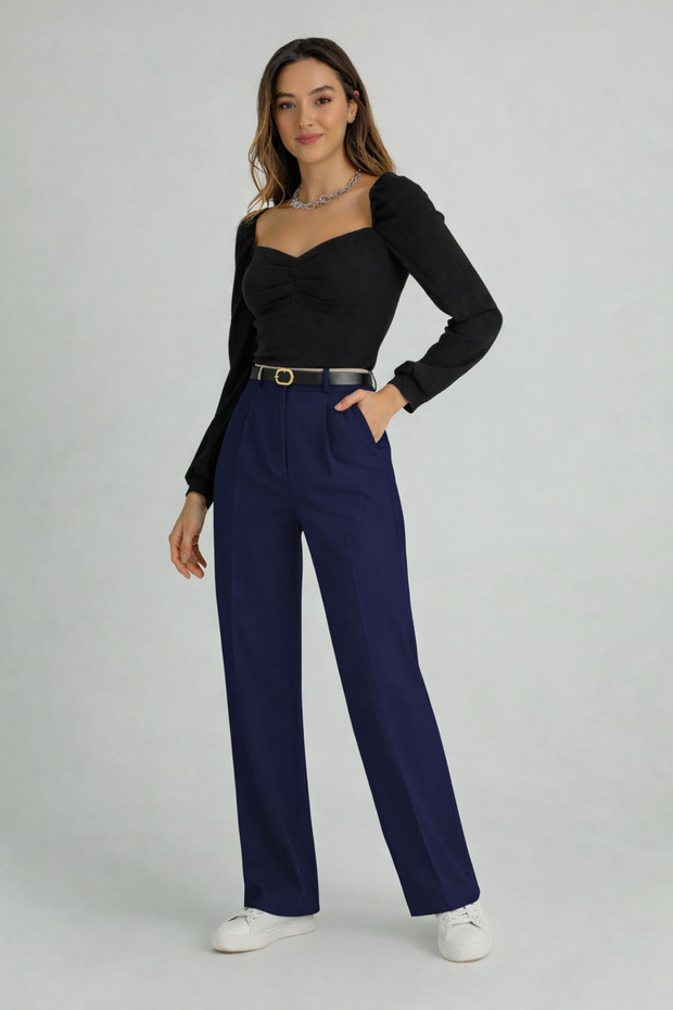 Belt Buttoned High Waist Palazzo Fabric Trousers – Bo Wide-Leg Ik (Not Included in the Image)