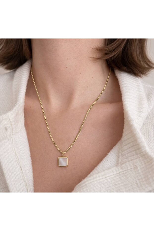 Elegant Thin Italian Twisted Chain Steel Necklace with Square Stones