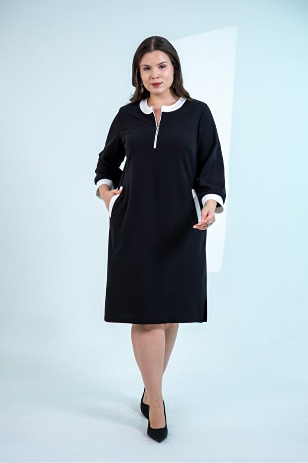 1213018 Plus Size Collar Zipper Paneled Dress Black