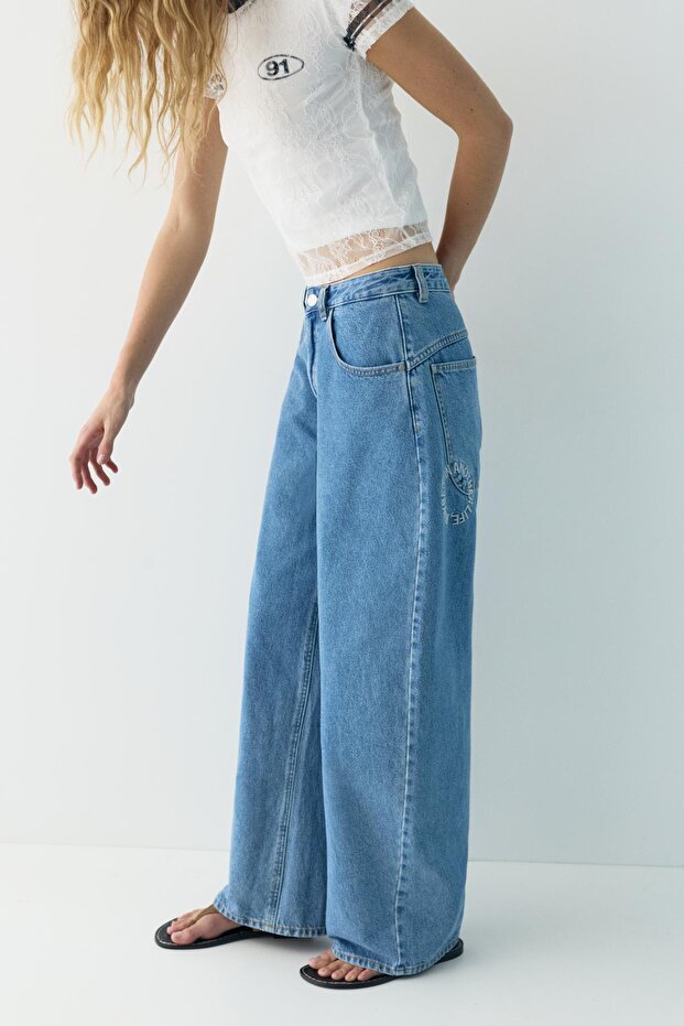 İşlemeli balon jean - 5