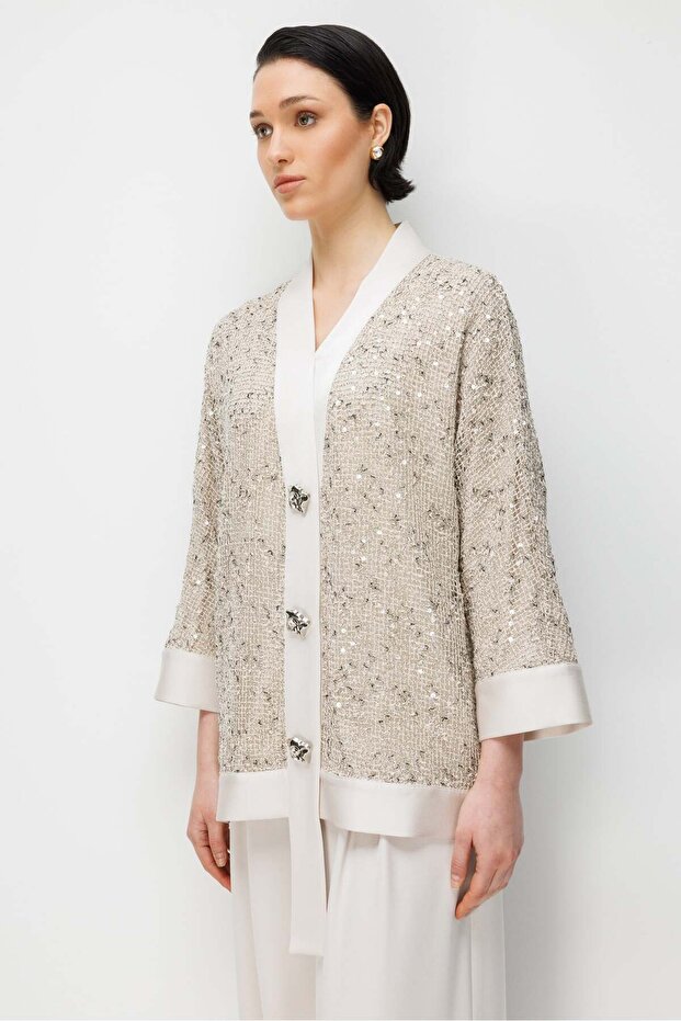 Modailgi Pullu Fileli Oversize Düğme Detaylı Ceket - 40124 Taş - 1