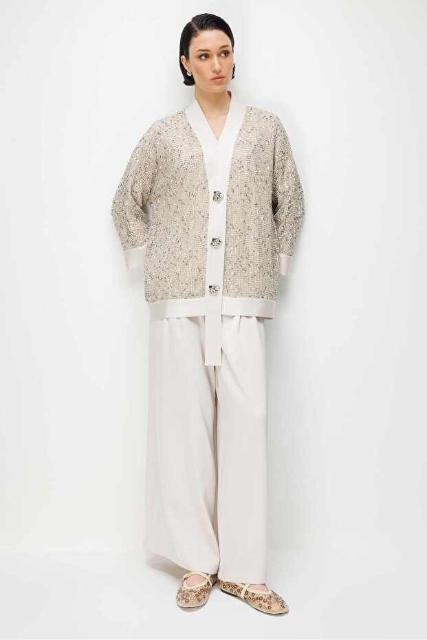 Modailgi Pullu Fileli Oversize Düğme Detaylı Ceket - 40124 Taş - 8