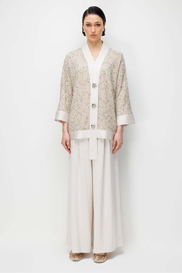 Modailgi Pullu Fileli Oversize Düğme Detaylı Ceket - 40124 Taş - 2