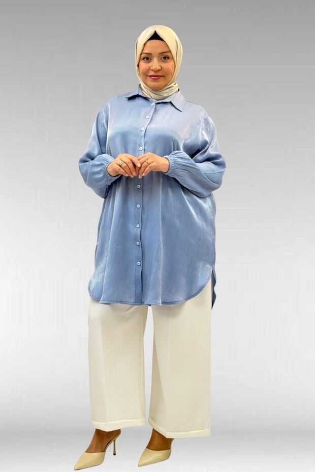 58085-1 Plus Size Star Shirt with Elastic Sleeves - Indigo