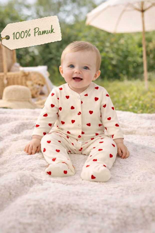 Cream Heart Patterned Baby Romper 100% Cotton Cotton Long Sleeve Snap Fastener Baby Romper