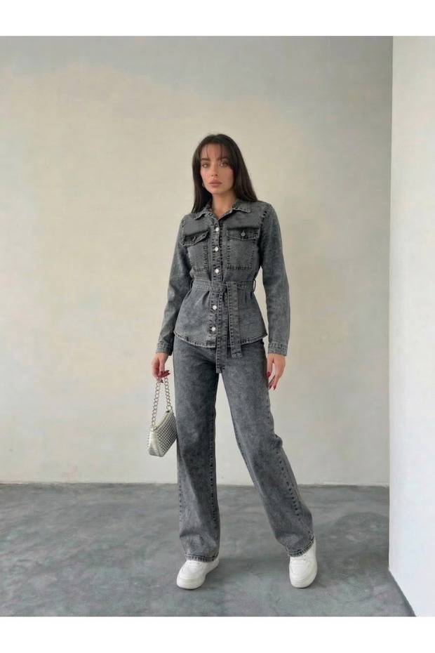 Belted black denim two-piece set with jacket and pants