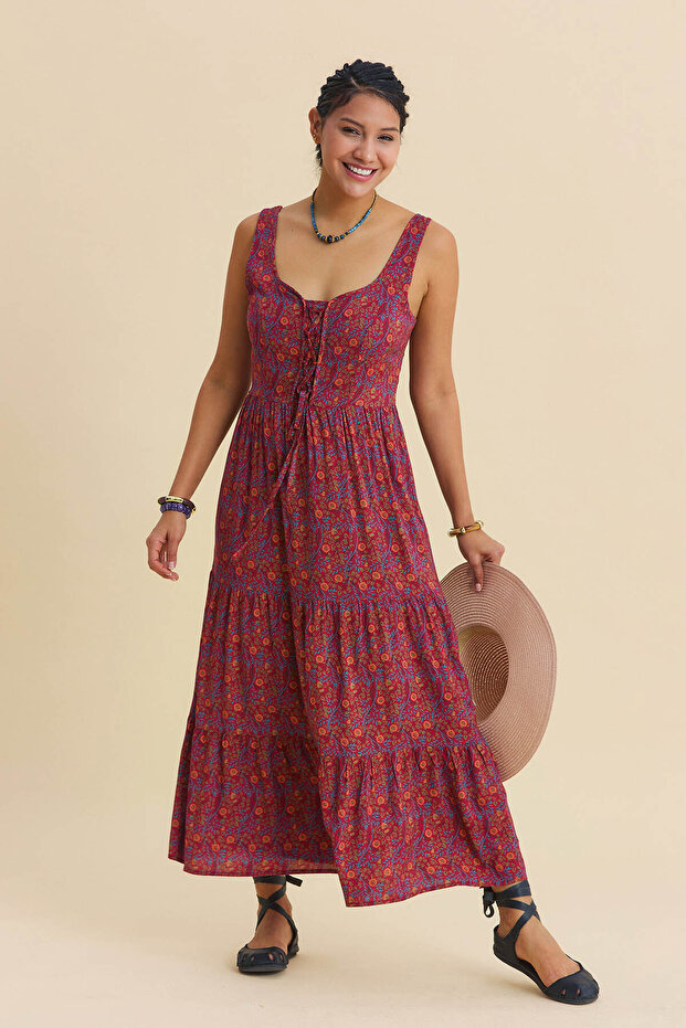 Geniş Yaka Ön Bağcıklı Uzun Elbise - 1