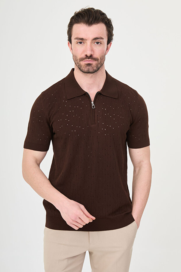 Delik Patterned Slim Fit Polo Collar Zippered Men's Knitwear T-Shirt Brown - 11584.26Y
