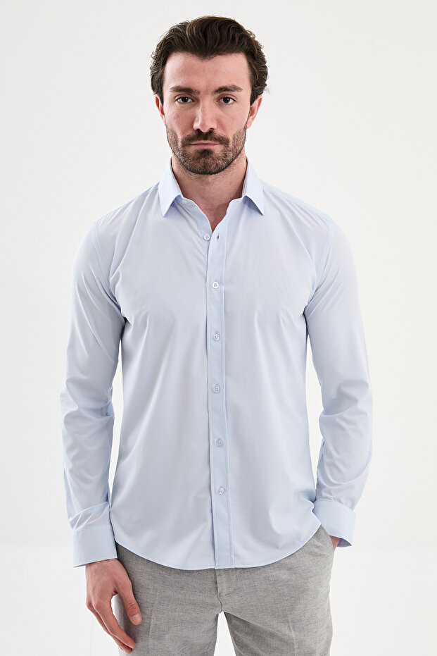Straight Slim Fit Long Sleeve Men's Shirt Blue - 27142.26Y