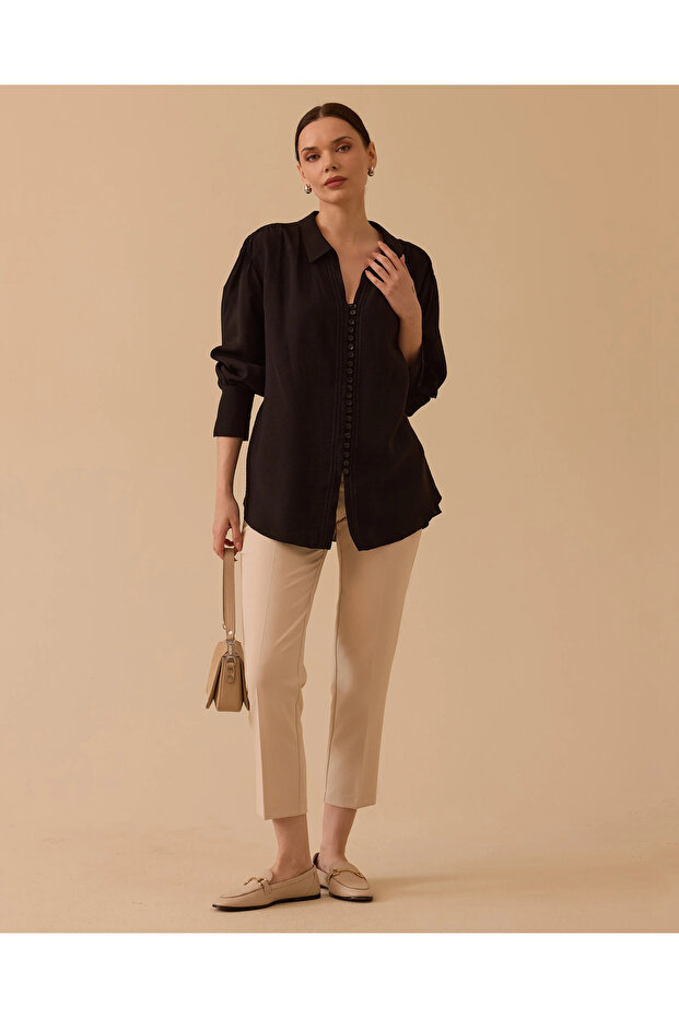 Düğmeli Gofre Gömlek - 1