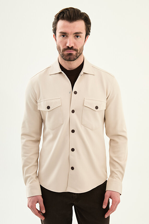 Plain Slim Fit Snap Fasteners Long Sleeve Men's Shirt Beige - 27112.25K