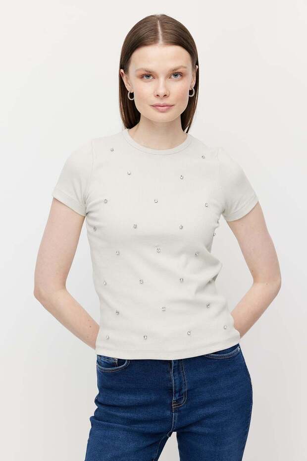 Women's Crew Neck Stone-Embellished Blouse