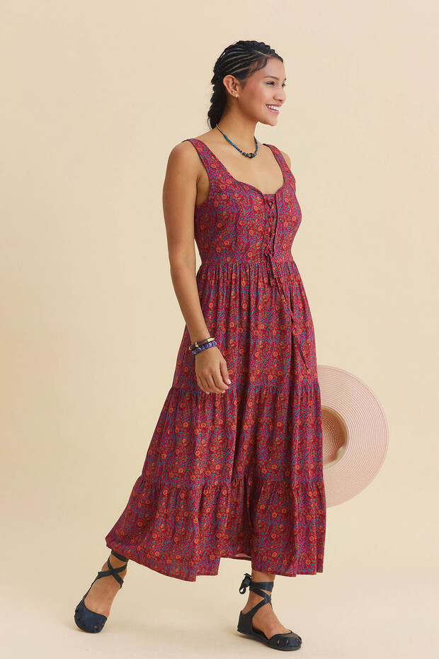 Geniş Yaka Ön Bağcıklı Uzun Elbise - 2