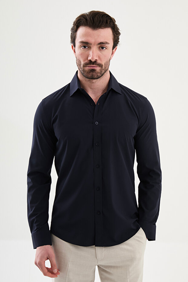 Straight Slim Fit Long Sleeve Men's Shirt Navy Blue - 27142.26Y
