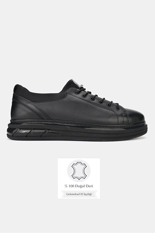 Men's Black Genuine Natural Leather Leather Stick Lace-Up Sneakers Sneakers Kabi
