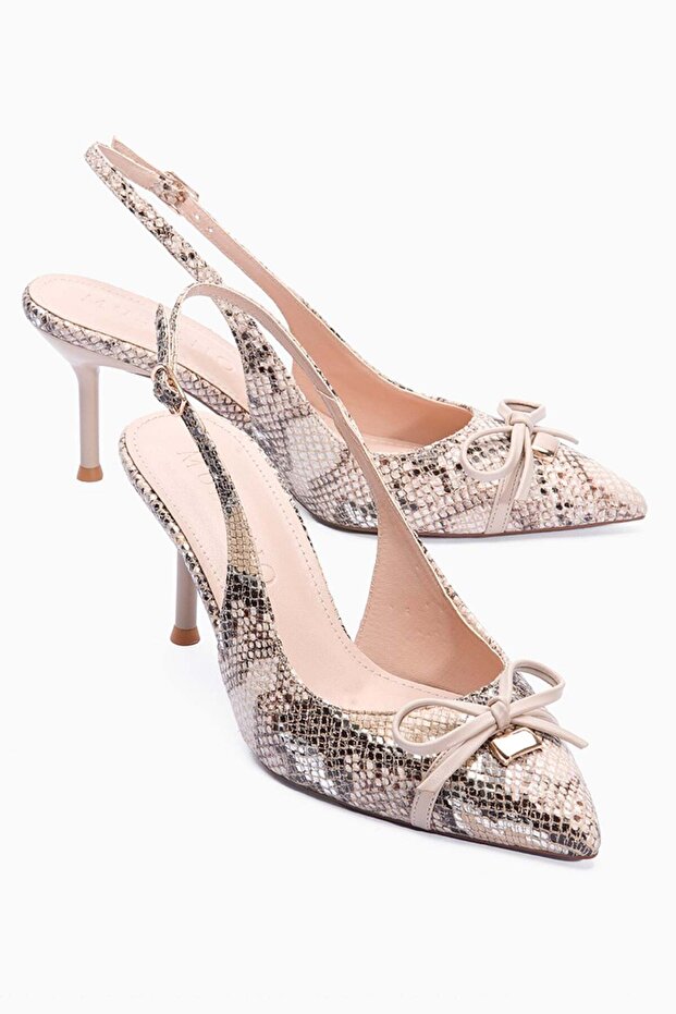 Women's Stiletto Pointed Toe Snake Patterned Open Back Heeled Shoes Saphira Beige