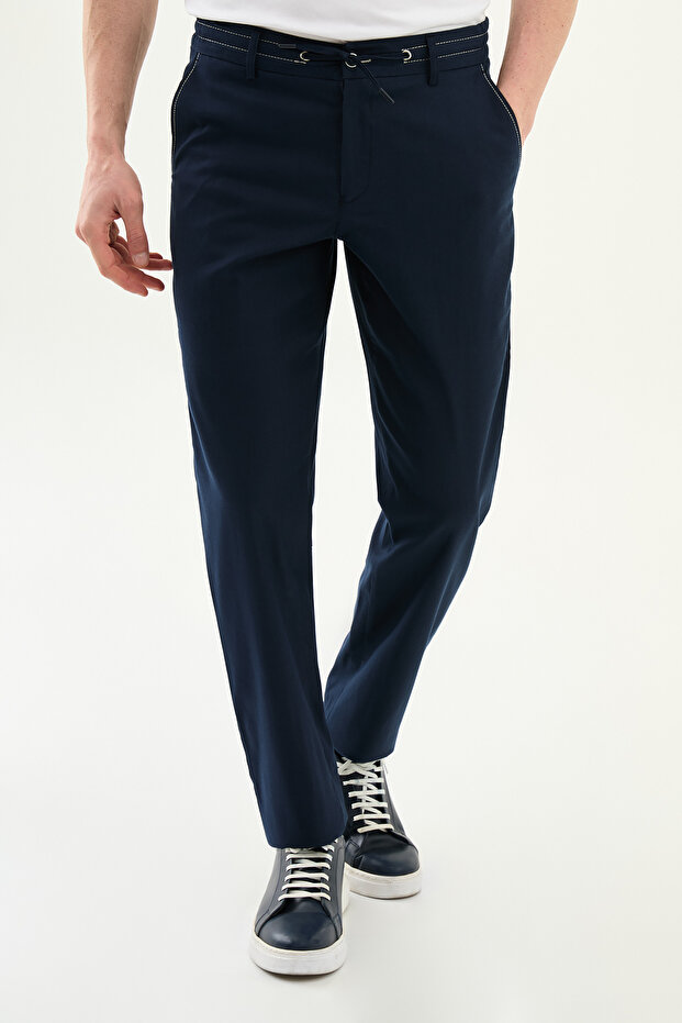Straight Slim Fit Drawstring D Seam Detail Men's Trousers Light Navy Blue - 38348.26Y