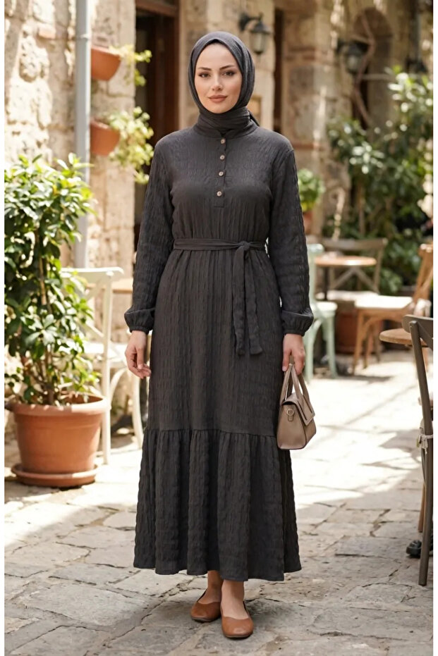 Waffle Fabric Elastic Sleeve Dress 2243-02 Anthracite