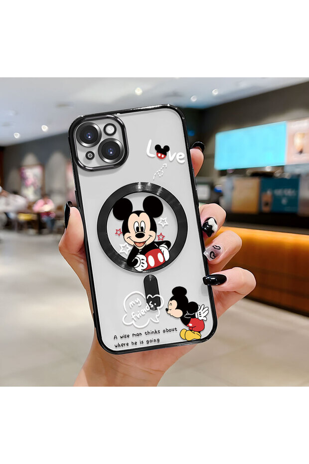 حافظة هاتف لاسلكية من السيليكون الناعم الشفاف متوافقة مع هاتف iPhone 15 Plus بنمط ميكي