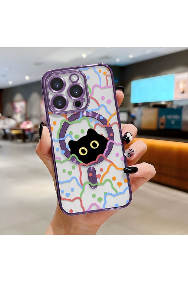 iPhone 15 Pro Compatible Transparent Soft Silicone Magsafe Wireless Phone Case Cat Pattern