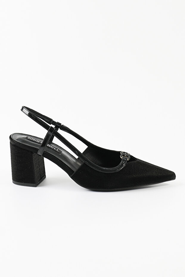 Leather Black Back-Strapped Short Heeled Women's Shoes - Kb2726