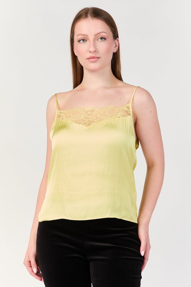 Women Illusion Neck Solid Tank Top, Pale Yellow
