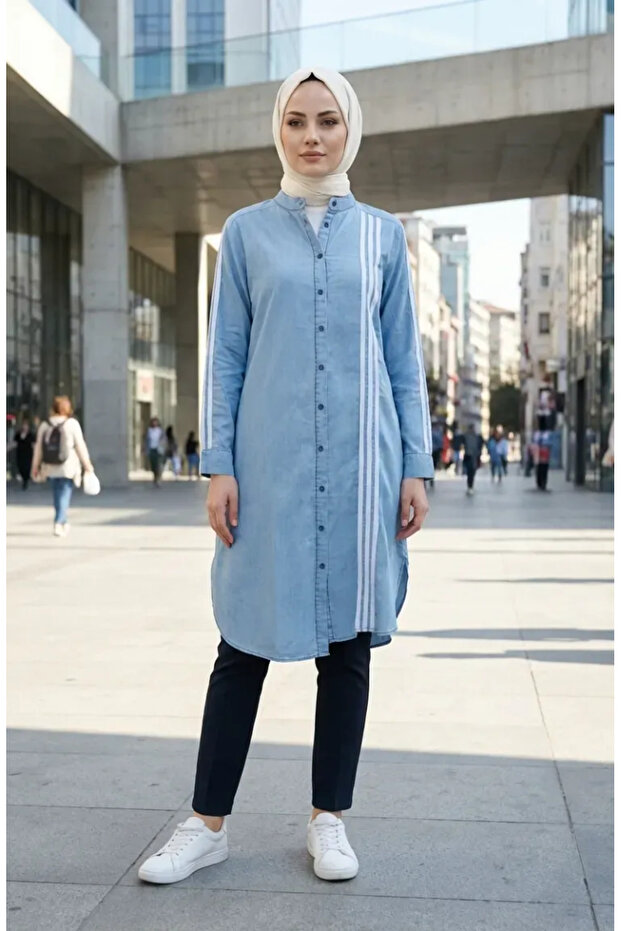 Striped Detailed Denim Tunic 23932-01 Ice Blue
