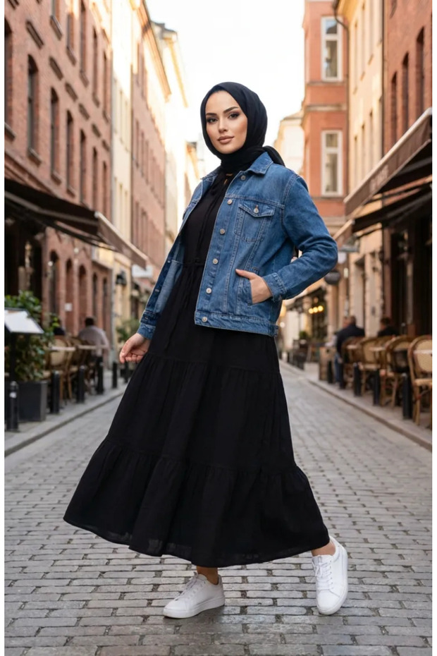 Şile Bezi Long Sleeve Layered Dress 7980-02 Black