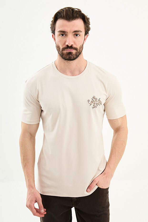 Plain Slim Fit Embroidered Crew Neck Men's T-Shirt Beige - 36869.26Y