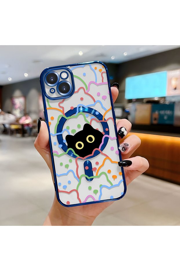 حافظة هاتف لاسلكية من السيليكون الناعم الشفاف متوافقة مع هاتف iPhone 14 Plus بنمط قطة