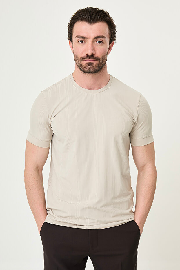 Striped Slim Fit Crew Neck Men's T-Shirt Beige - 36878.26Y