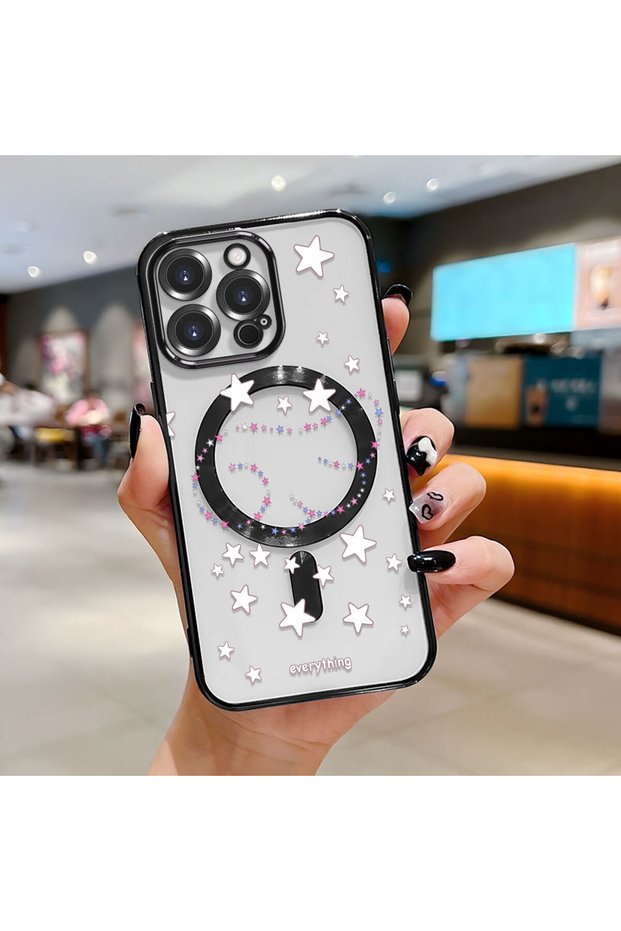 حافظة هاتف لاسلكية من السيليكون الناعم الشفاف متوافقة مع هاتف iPhone 15 Pro Max بنمط نجمة