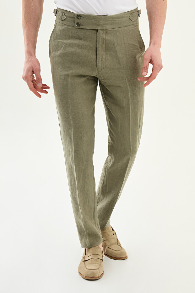 Straight Slim Fit Belt Buckled 100% Linen Men's Trousers Khaki - 38352.26Y