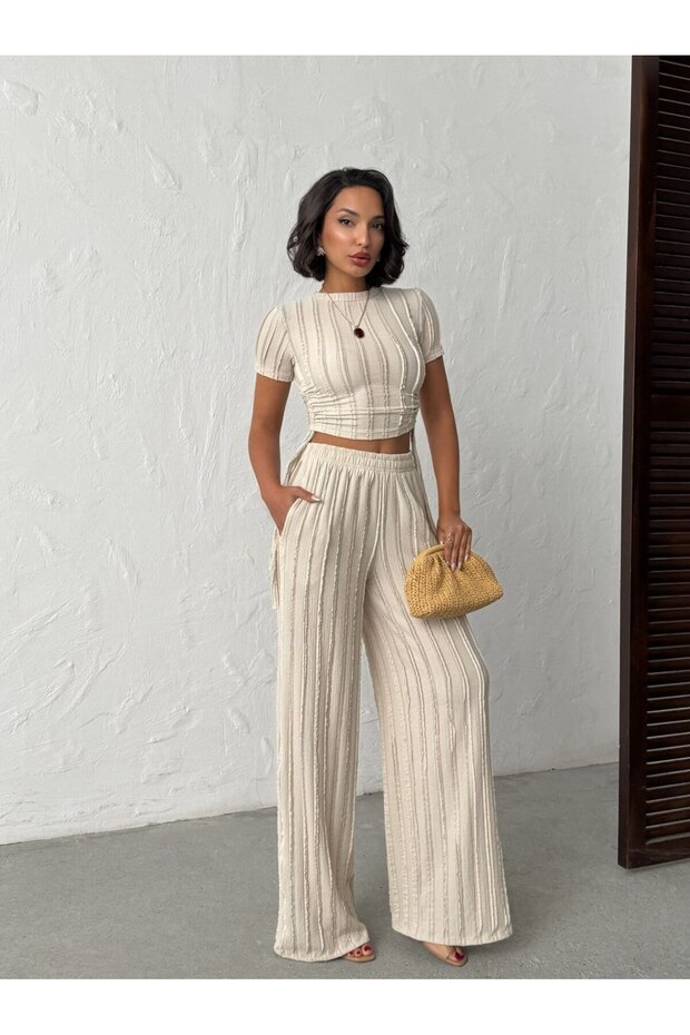 Side Gathered Crop Trousers Set Modern Fit Women