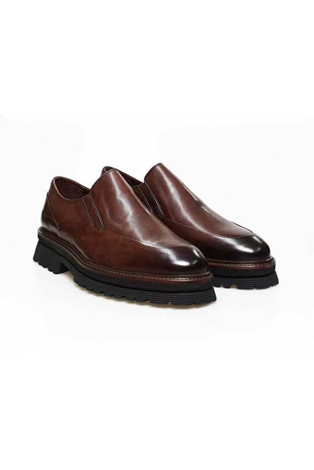 Brown Laceless Genuine Leather Men's Shoes