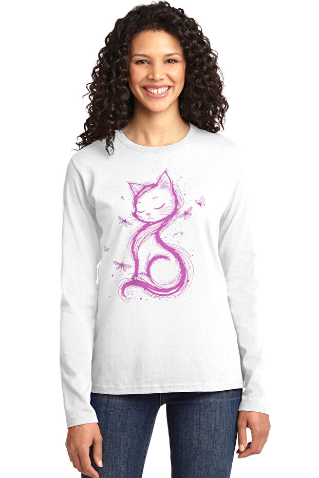 Cat Princess White Crew Neck Long Sleeve Combed Cotton Women's T-Shirt