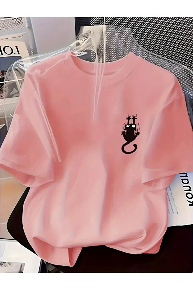 Cat Printed Unisex Women'S/Men's Oversize Crew Neck T-Shirt