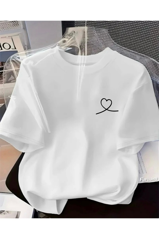 Line-Heart Printed Unisex Women'S/Men's Oversize Crewneck T-Shirt